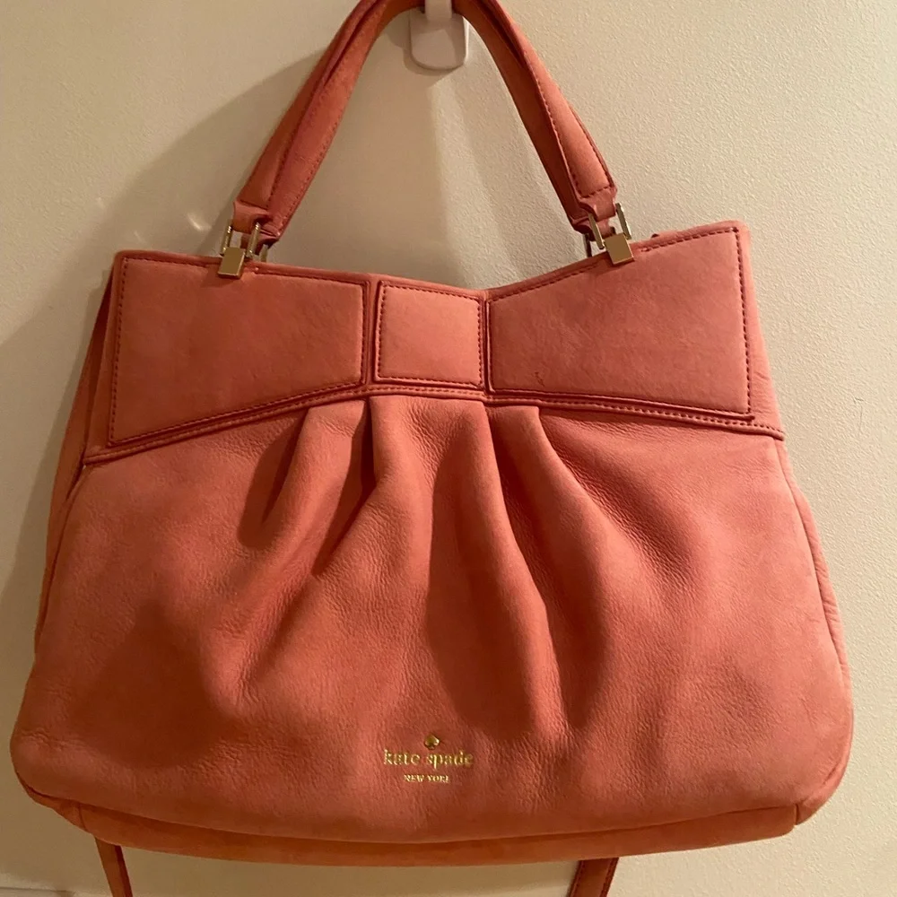 Authentic Kate Spade Madison Ave Suede Bow Pink Peach Color Handbag Satchel